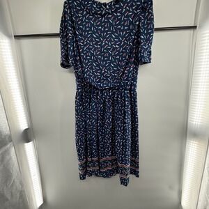 80s Earth Angel Dress Navy Border Print Made in USA Vintage Size XL